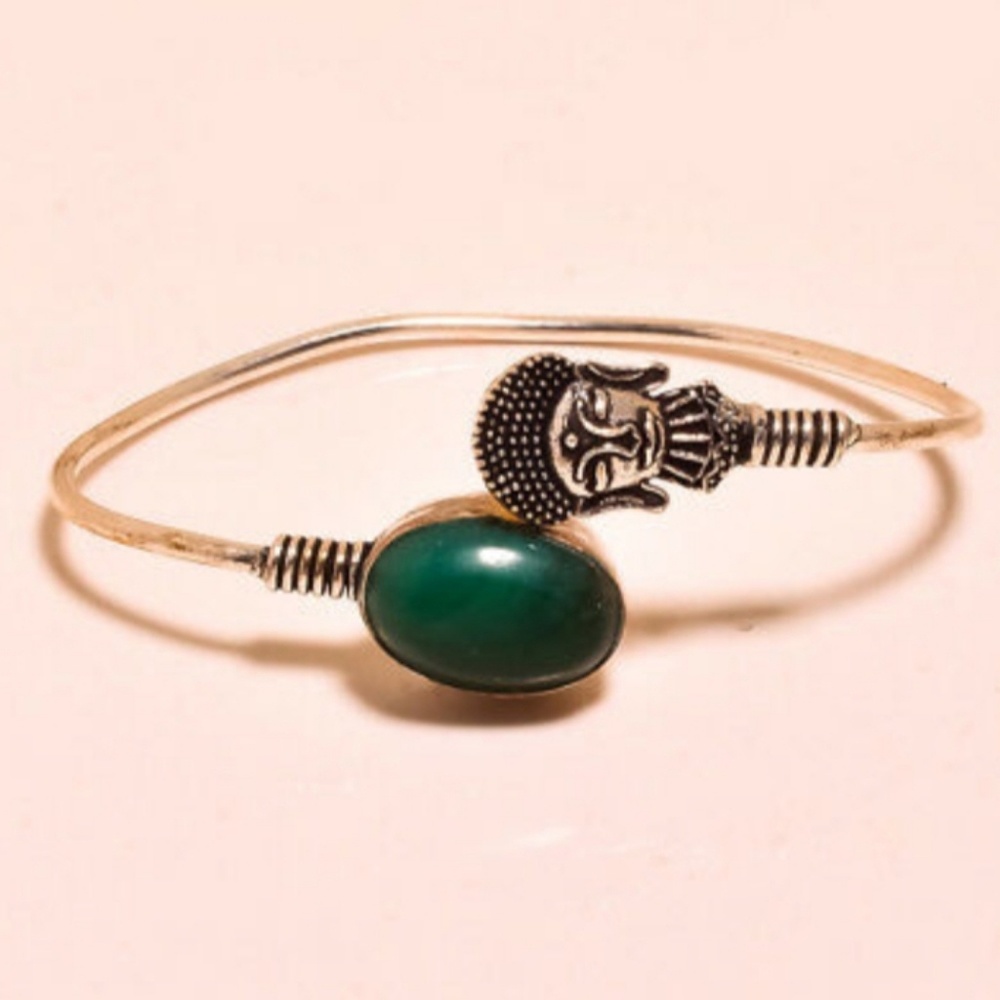 New Green Onyx Silver Buddha Head Cuff Bracelet.